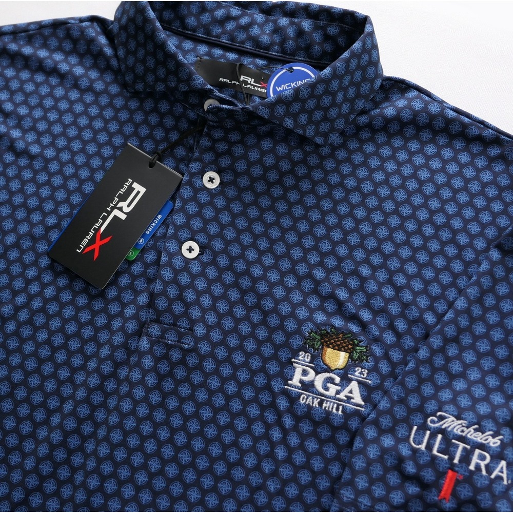 RLX Ralph Lauren Mens M Blue Compass PGA Oak Hill Michelob Ultra Golf Polo Shirt